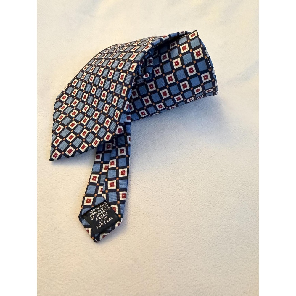 Gap Denim 1969 Mens Silk Tie Blue Red Geometric Square Pattern Necktie USA Made